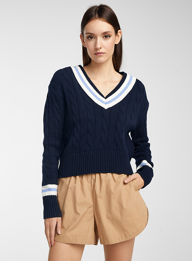 Icône Marine Blue Accent trim V-neck sweater for women