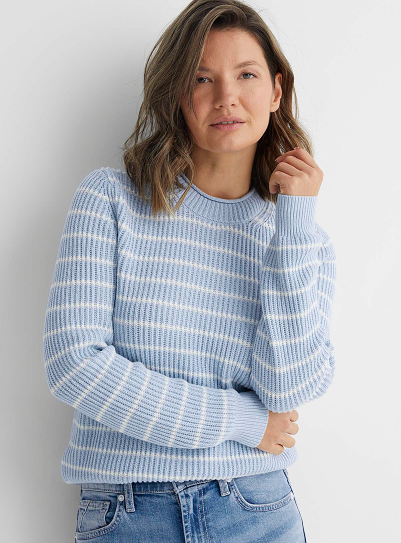 Contemporaine Baby Blue Horizontal stripes ribbed sweater for women