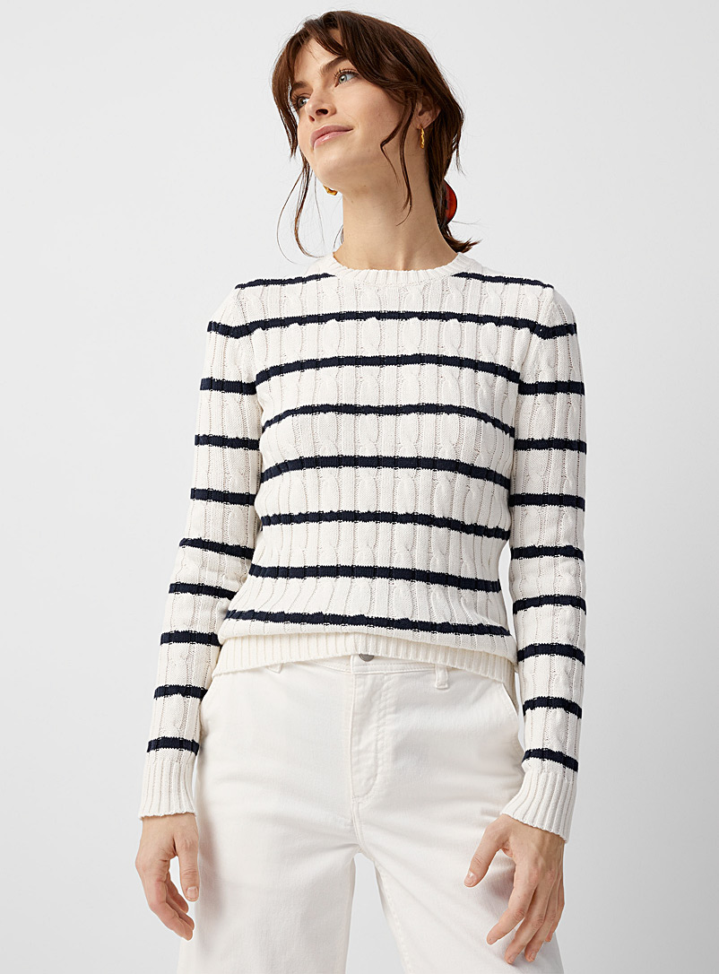 Contemporaine Patterned White Twisted cable crew-neck sweater for women