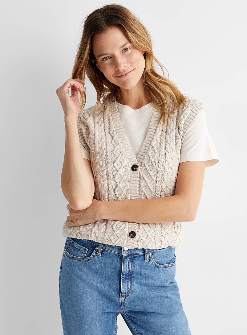 Contemporaine Ecru/Linen Cable-knit buttoned sweater vest for women
