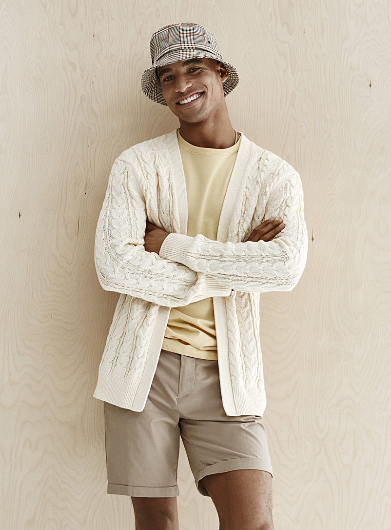 Le 31 Ivory White Twisted-cable open cardigan for men