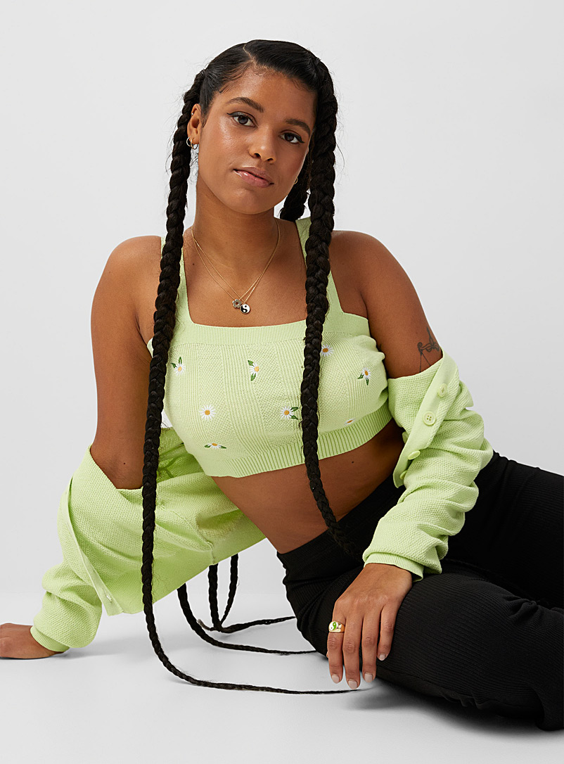 Twik Lime Green Floral embroidery cropped cami for women