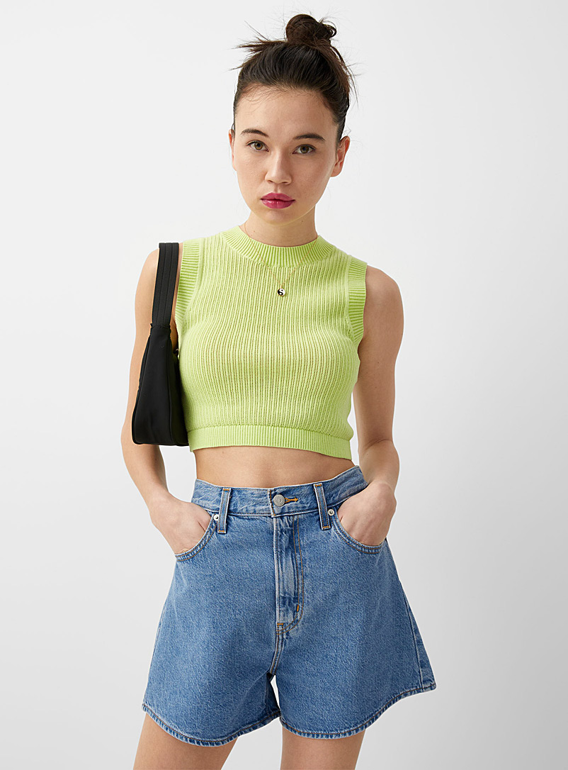Twik Lime Green Finely ribbed cropped tank for women