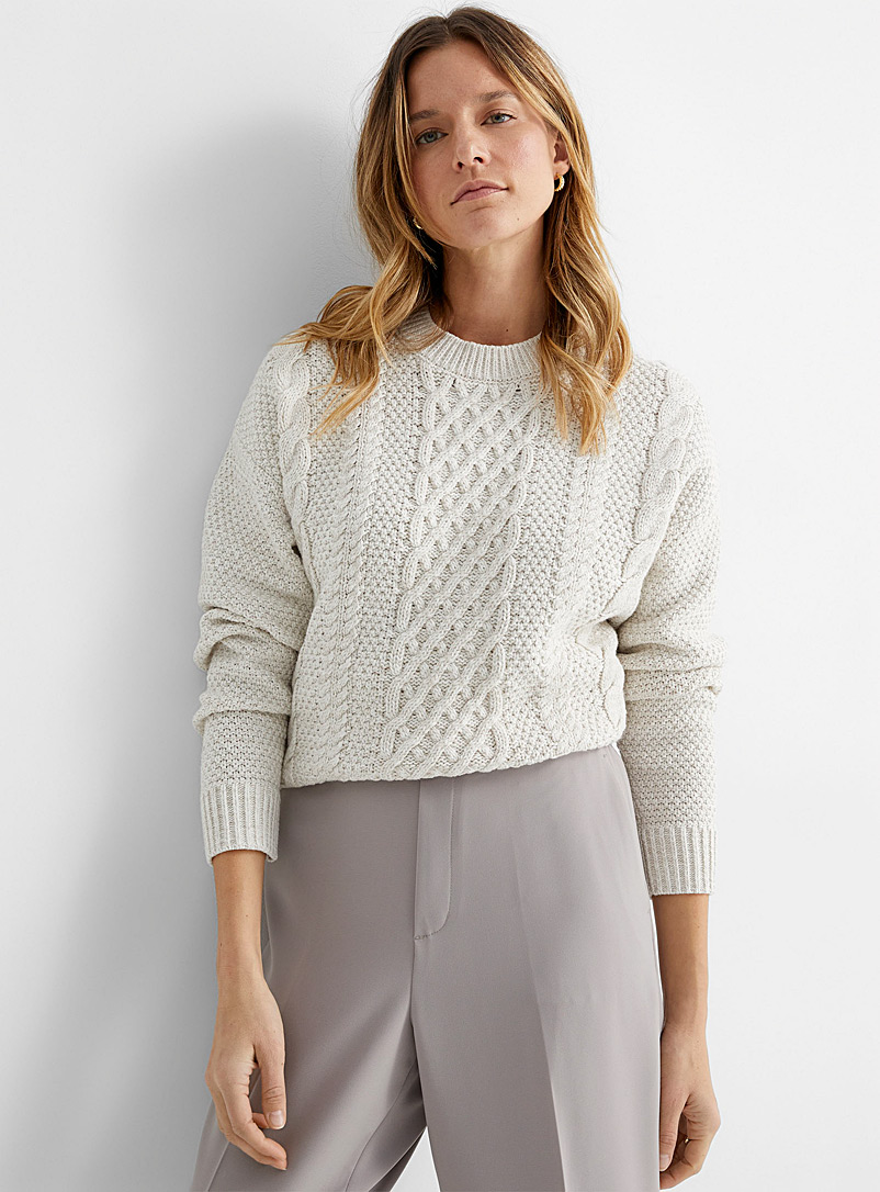 Contemporaine Cream Beige Aran cable knit sweater for women