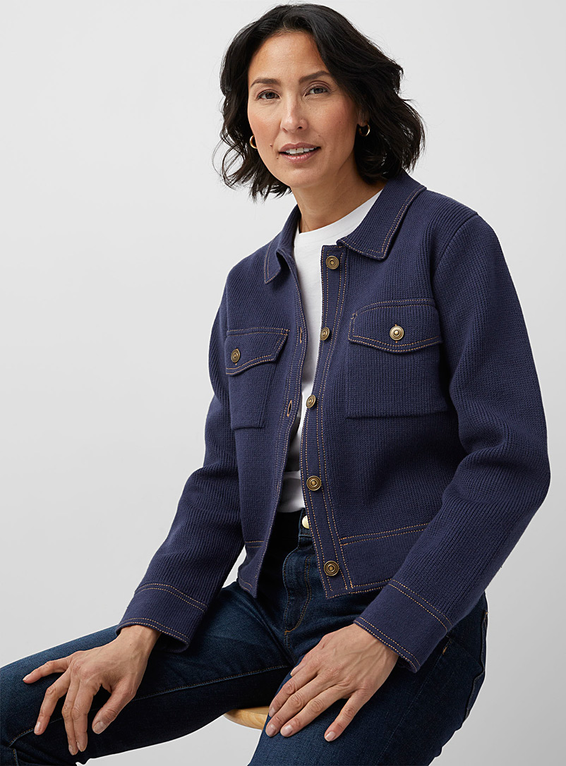 Contemporaine Dark Blue Flap pockets knit jacket for women