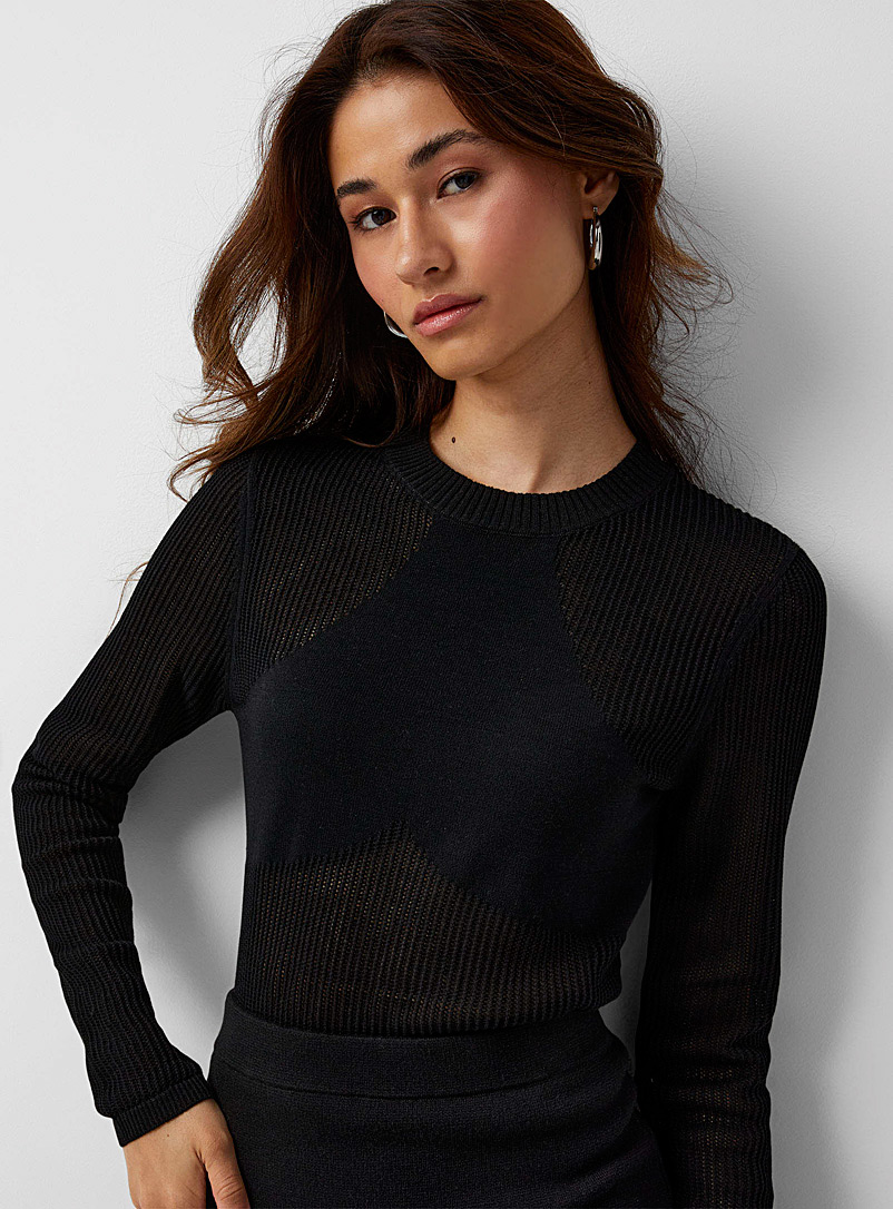 Icône Black Ribbed openwork knit sweater for women