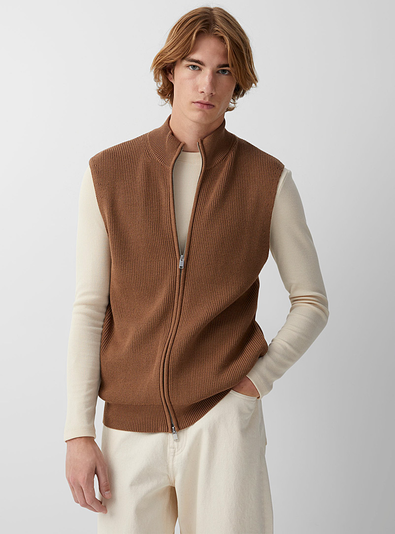 Le 31 Light Brown Sleeveless rib-knit cardigan for men