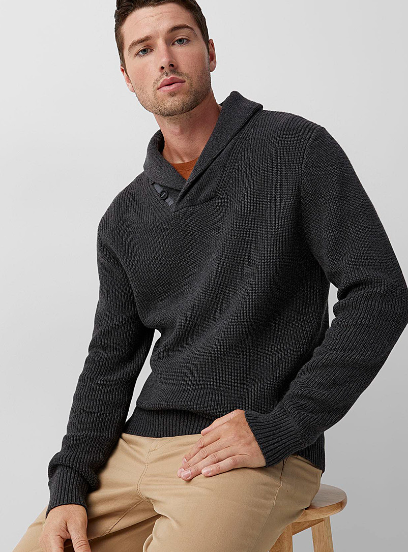 Le 31 Charcoal Ribbed shawl-collar sweater for men