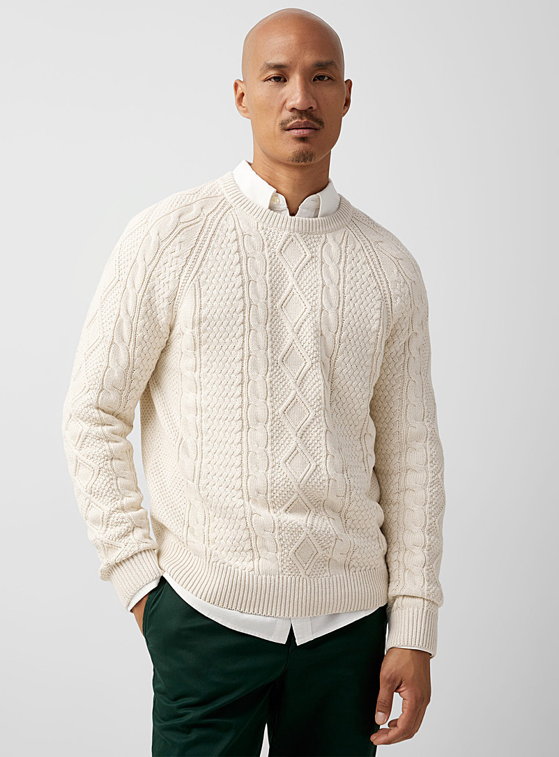 Le 31 Cream Beige Heritage cable sweater for men