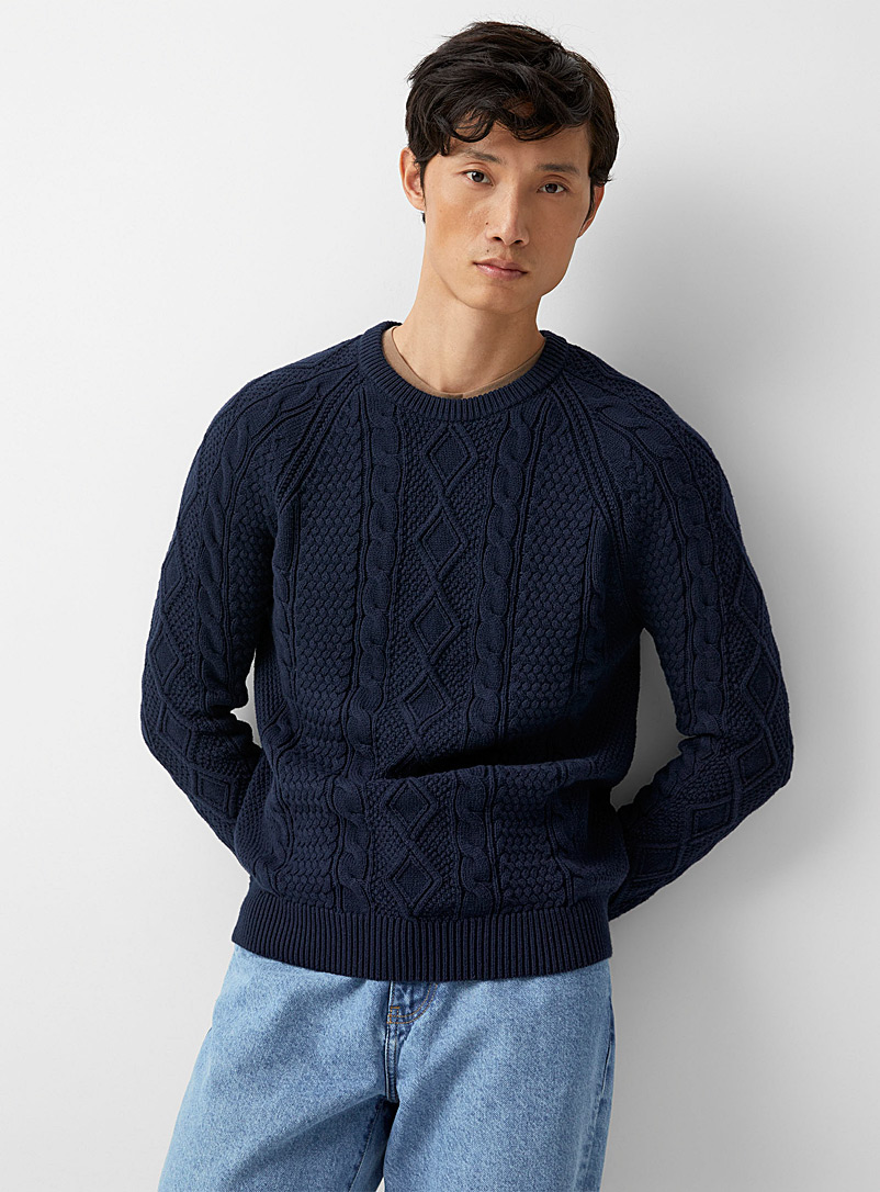 Le 31 Marine Blue Heritage cable sweater for men