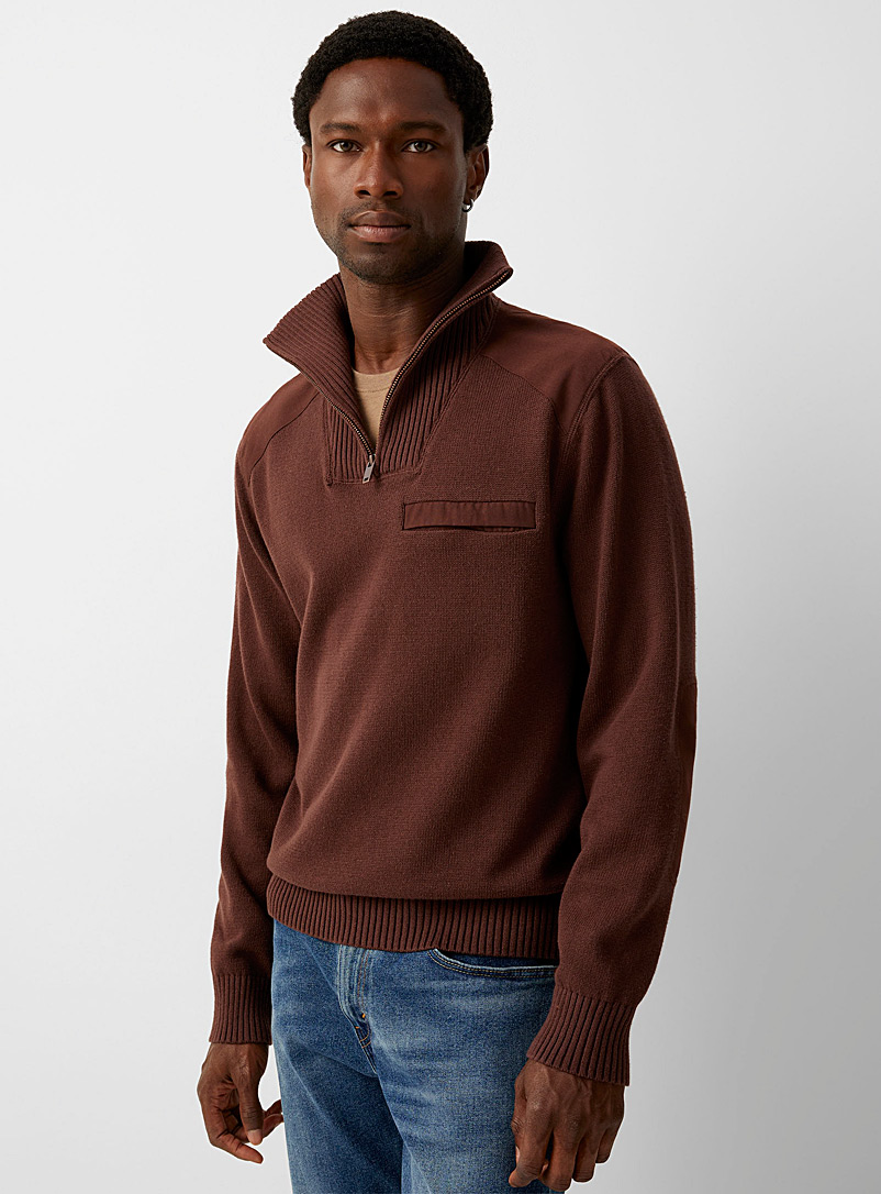 Le 31 Brown Tone-on-tone fabric insert sweater for men