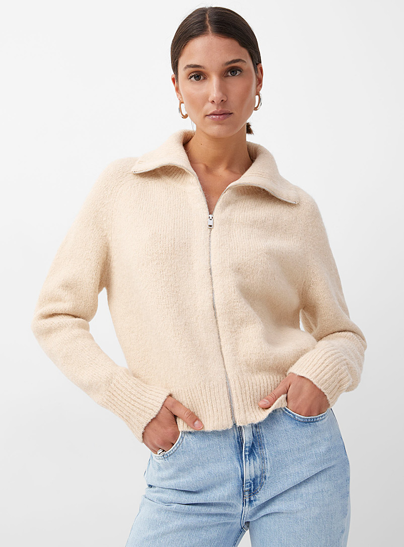 Icône Cream Beige Zippered collar wool cardigan for women