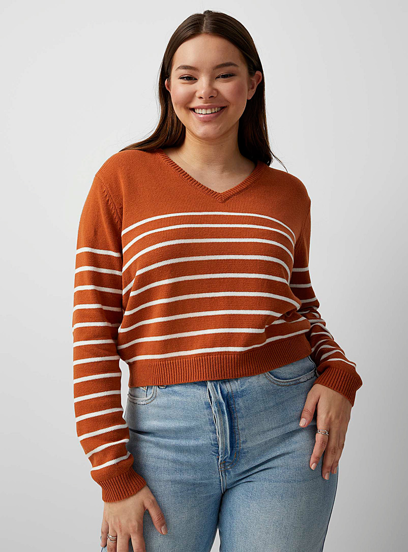 Twik Patterned Brown Striped V-neck sweater for women