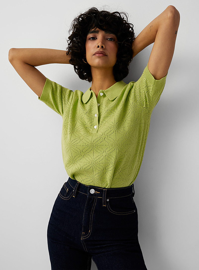 Twik Lime Green Floral pointelle knit polo for women