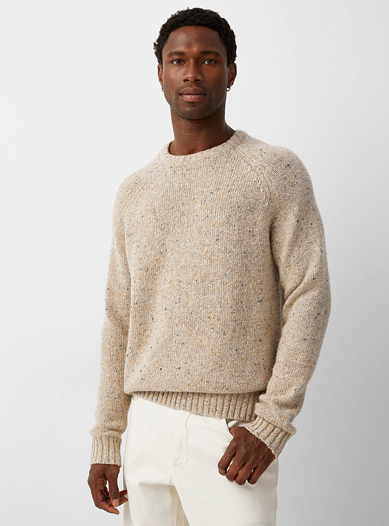 Le 31 Cream Beige Donegal knit crew-neck sweater for men