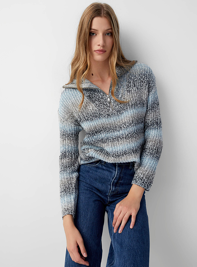 Twik Patterned Blue Space-dyed zipped mock-neck sweater for women