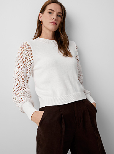 Contemporaine Cream Beige Crocheted sleeves sweater for women