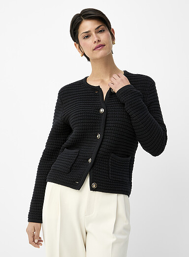 Contemporaine Black Crest-button textured cardigan for women