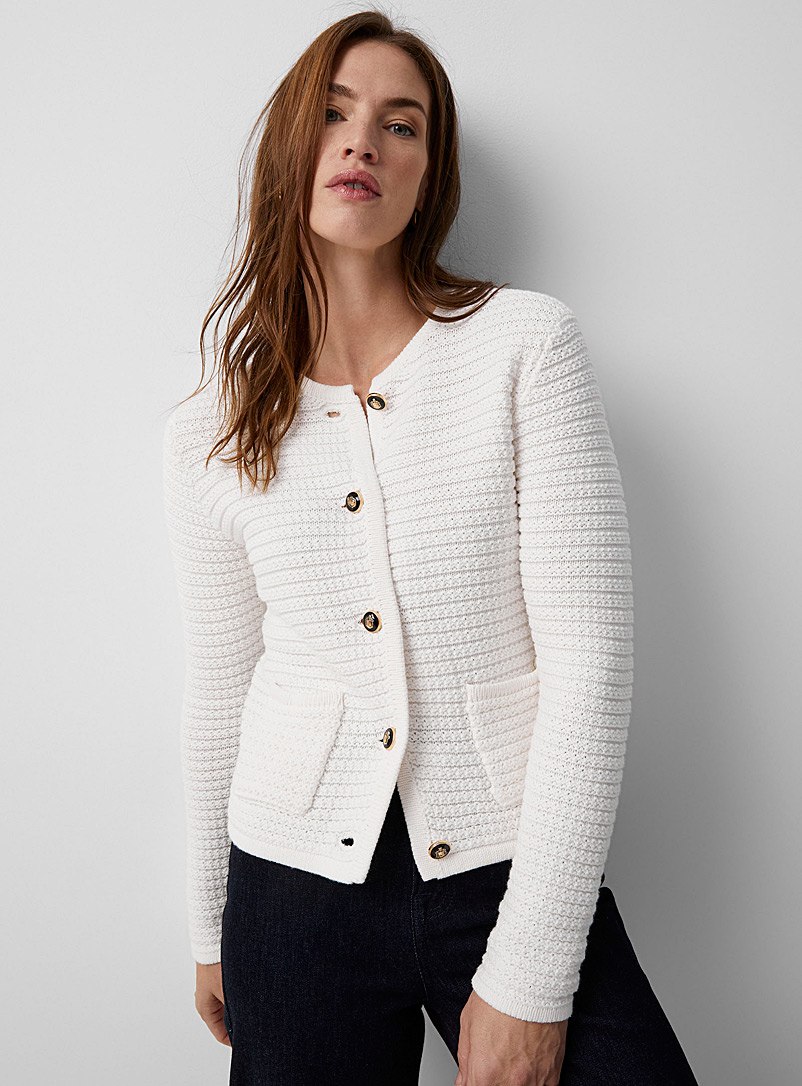 Contemporaine Ivory White Crest buttons textured cardigan for women
