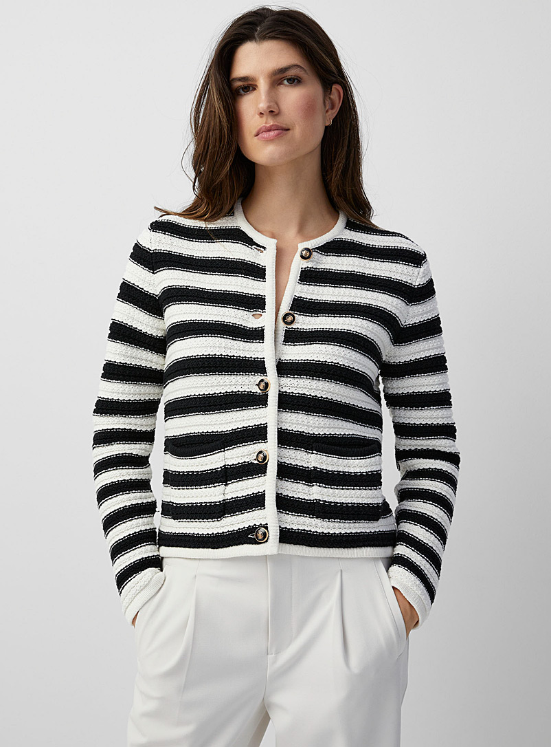 Contemporaine Black and White Crest buttons textured cardigan for women