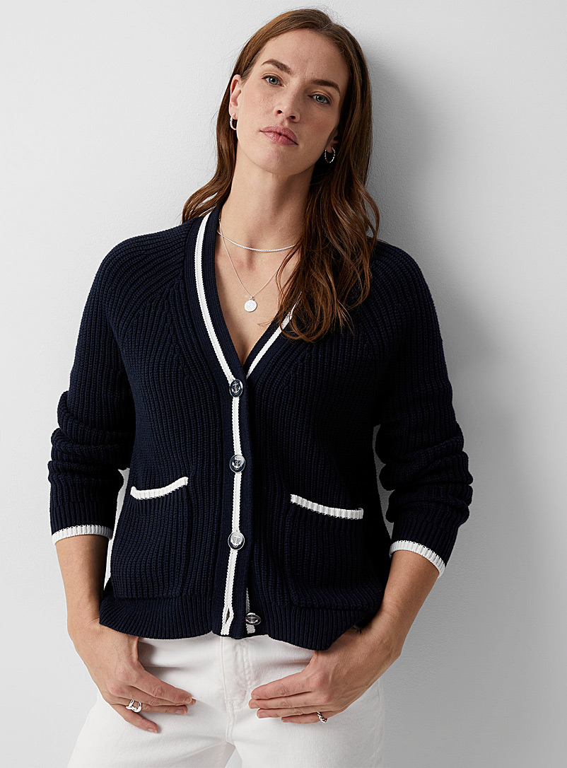 Contemporaine Marine Blue Two-tone ribbed cardigan for women