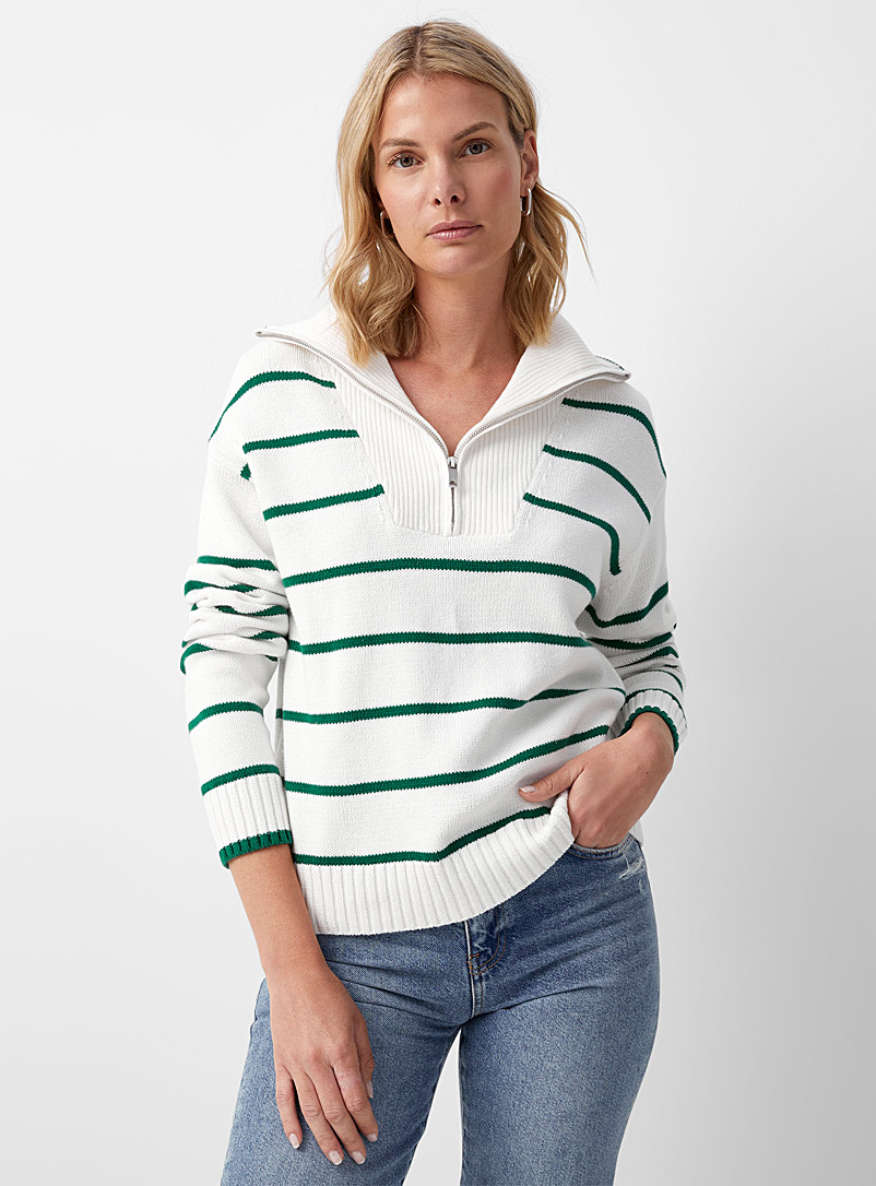 Contemporaine Kelly Green Zippered collar striped sweater for women