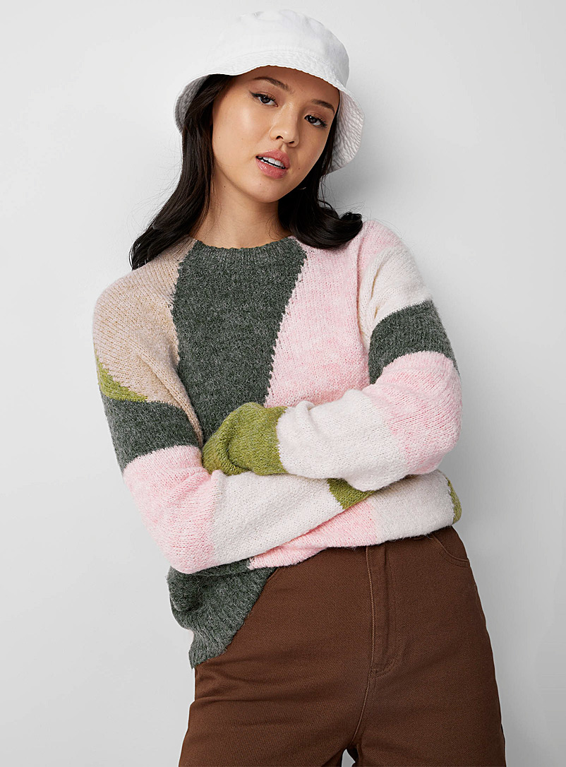 Twik Patterned Green Colourful slanted stripes sweater for women
