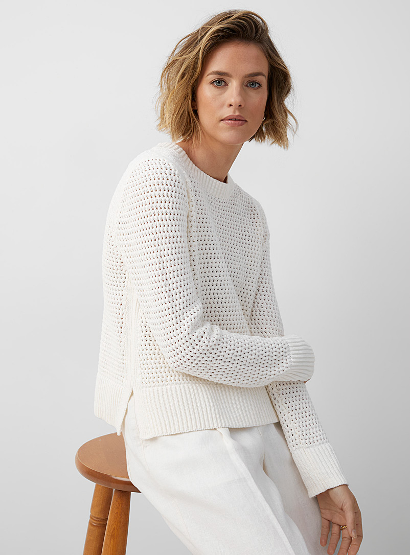 Contemporaine Ivory White Openwork edging crew neck sweater for women
