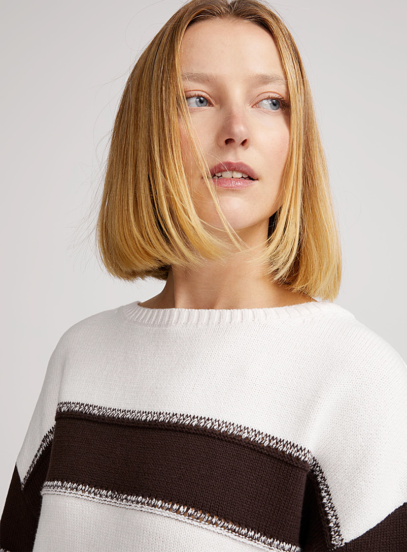 Contemporaine Dark Brown Broad stripes boat neck sweater for women