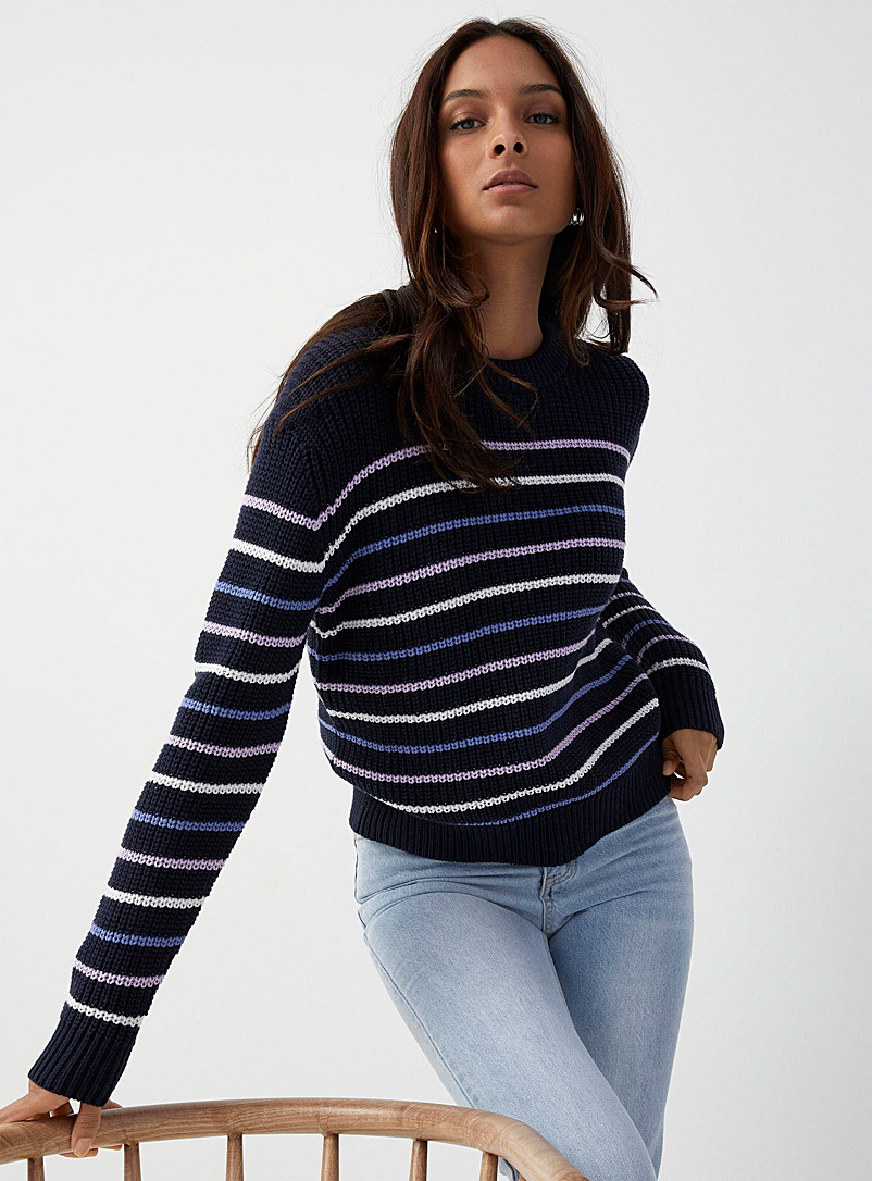 Icône Marine Blue Colourful stripes shaker-rib sweater for women