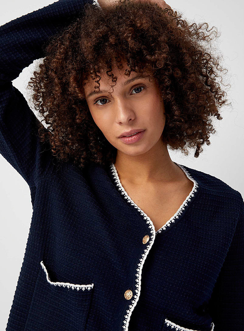 Contemporaine Marine Blue Accent trim crochet cardigan for women