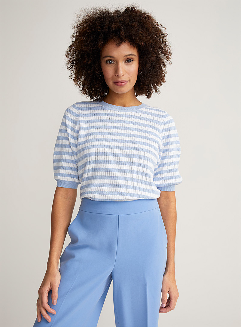 Contemporaine Baby Blue Stripes and ribbing cropped sweater for women