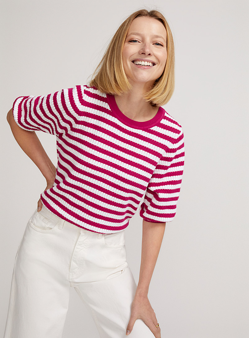 Contemporaine Medium Pink Stripes and ribbing cropped sweater for women