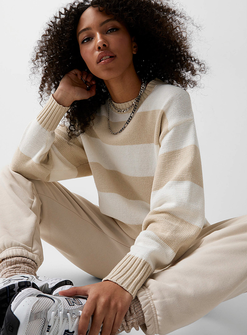 Twik Patterned White Wide stripes long sweater for women