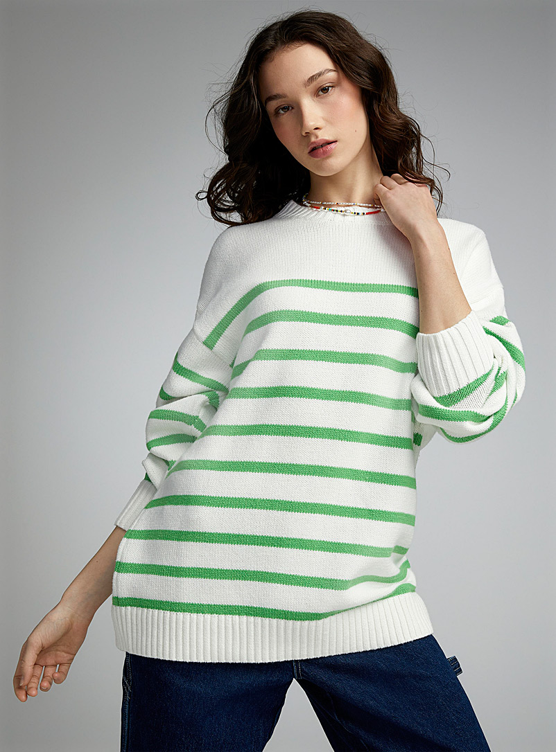 Twik Bottle Green Wide-stripe longline sweater for women