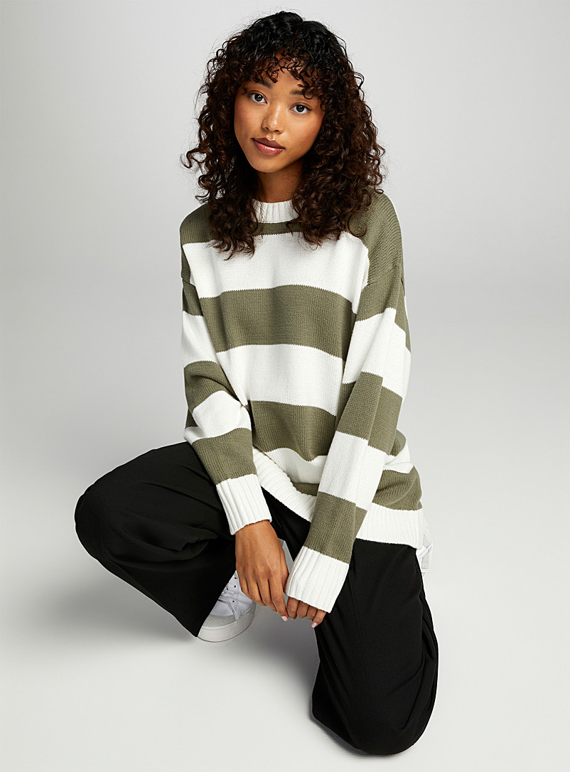 Twik Lime Green Wide-stripe longline sweater for women