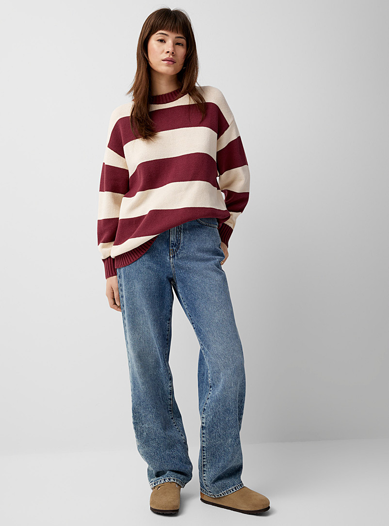 Twik Patterned Red Wide-stripe longline sweater for women