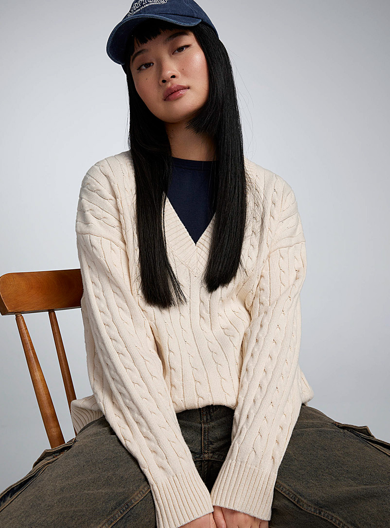 Twik Ecru/Linen Loose cable-knit sweater for women