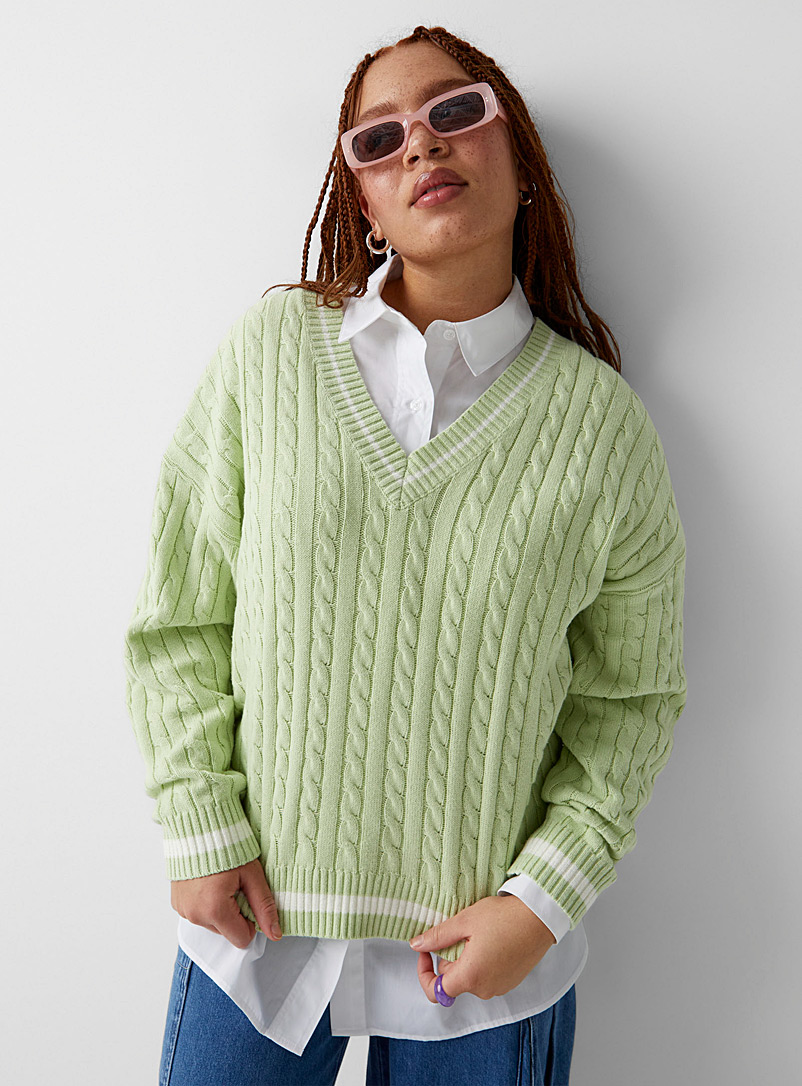 Twik: Le pull ample tricot câbles Vert pâle-lime pour femme