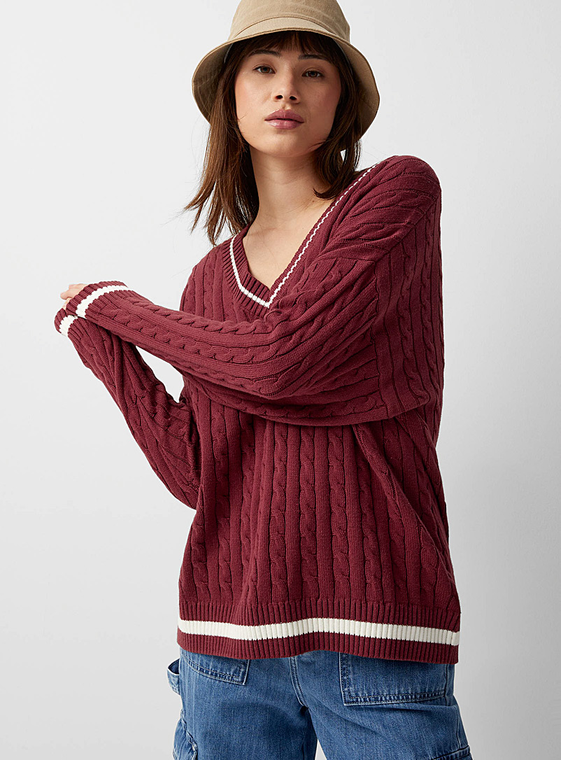Twik Ruby Red Oversized V-neck cable-knit sweater for women