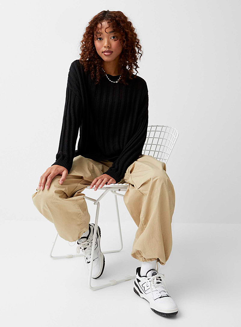 Twik Black Openwork vertical stripes sweater for women