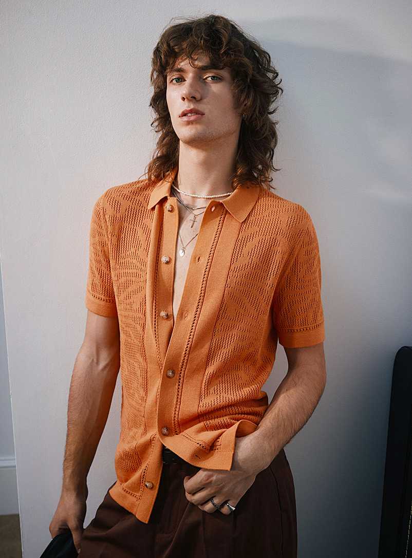 Le 31 Medium Orange Tropical openwork-knit shirt for men