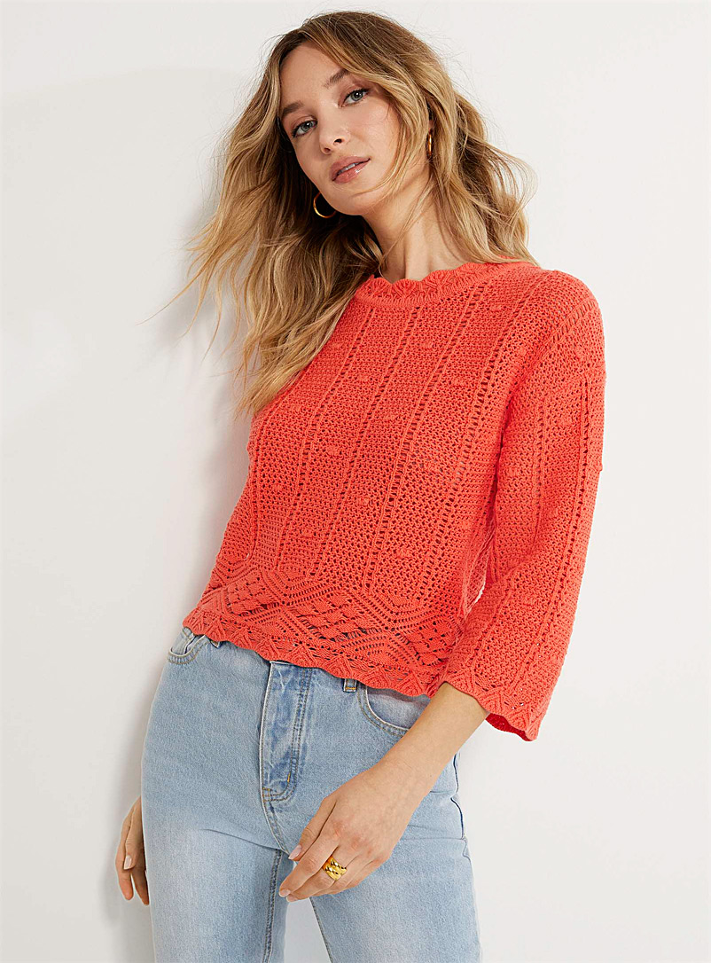 Icône Orange-red Scalloped edging openwork sweater for women