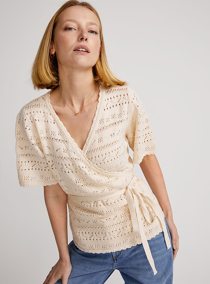 Contemporaine Cream Beige Pointelle knit crossover sweater for women