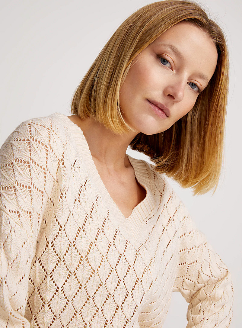 Contemporaine Cream Beige Diamond-pattern openwork sweater for women