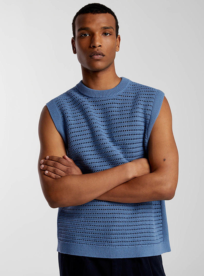 Le 31 Blue Openwork stripe sweater vest for men
