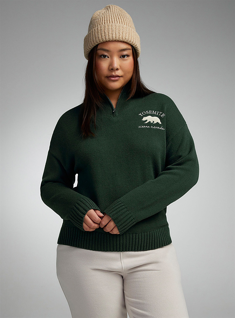 Twik Mossy Green Popular destination zippered mock neck sweater for women
