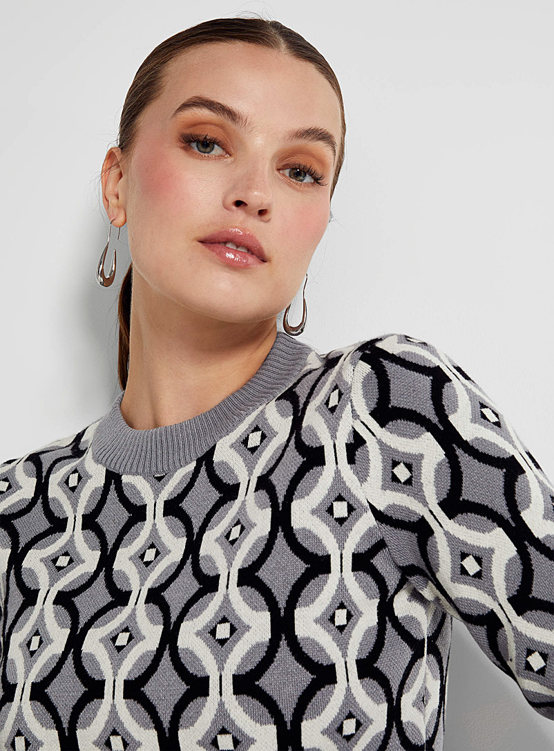 Icône Grey Geometric shapes jacquard sweater for women