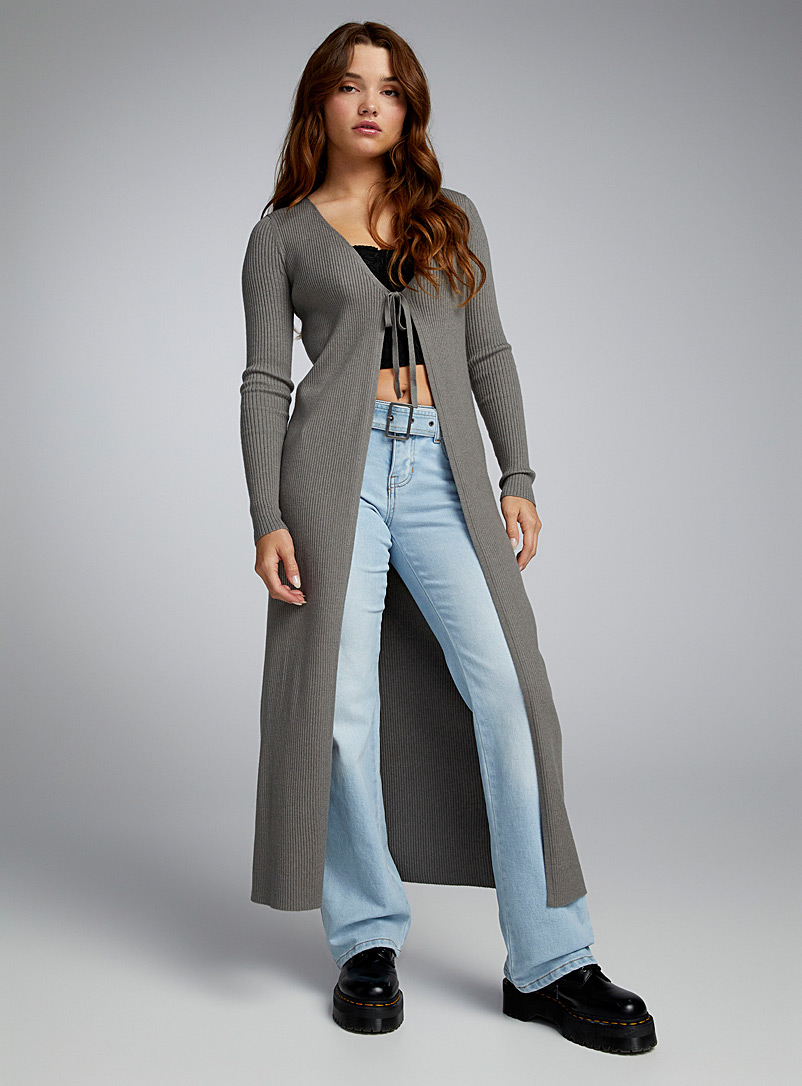 Twik Charcoal Long fine ribbed open tie-front cardigan for women