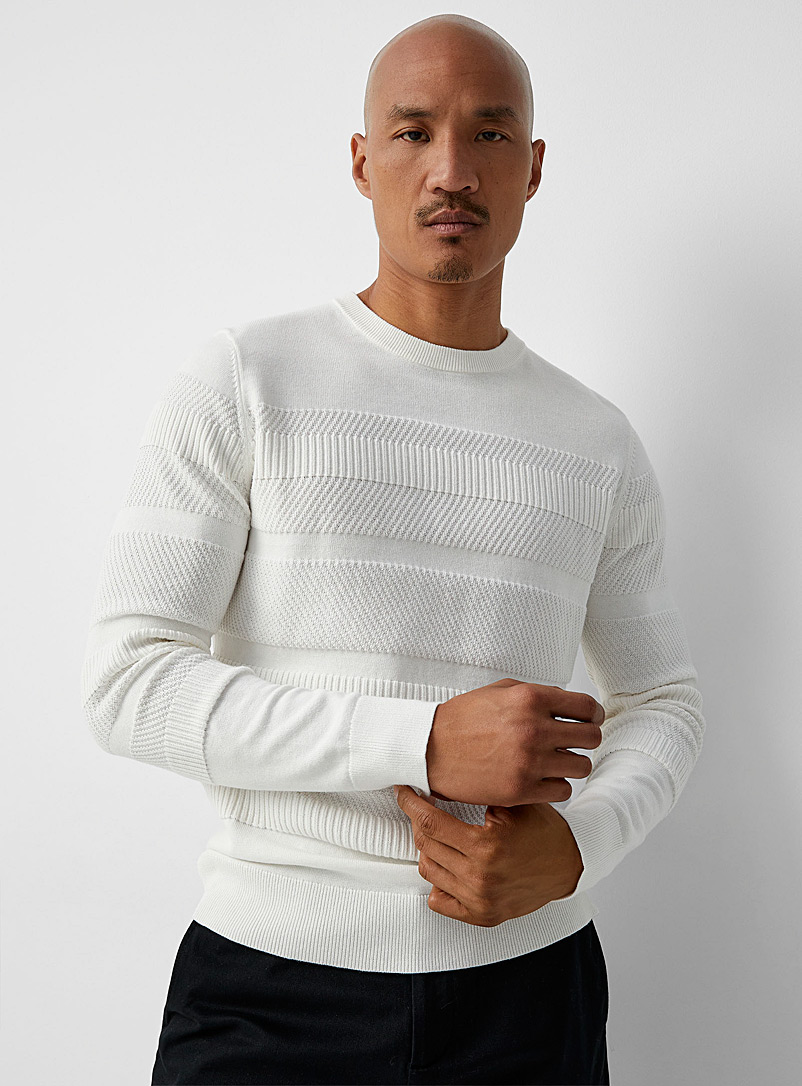 Le 31 Ivory White Mixed embossed knit sweater for men